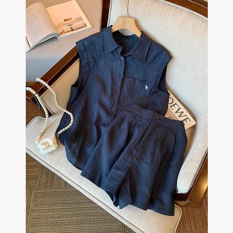 韩版宽松遮肉显瘦套装女夏新款时尚翻领无袖衬衫上衣+短裤两件套