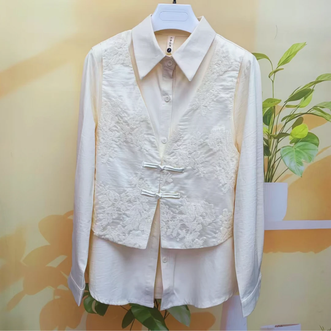 女士国风刺绣马甲拼接假两件衬衣春季新款气质百搭2658