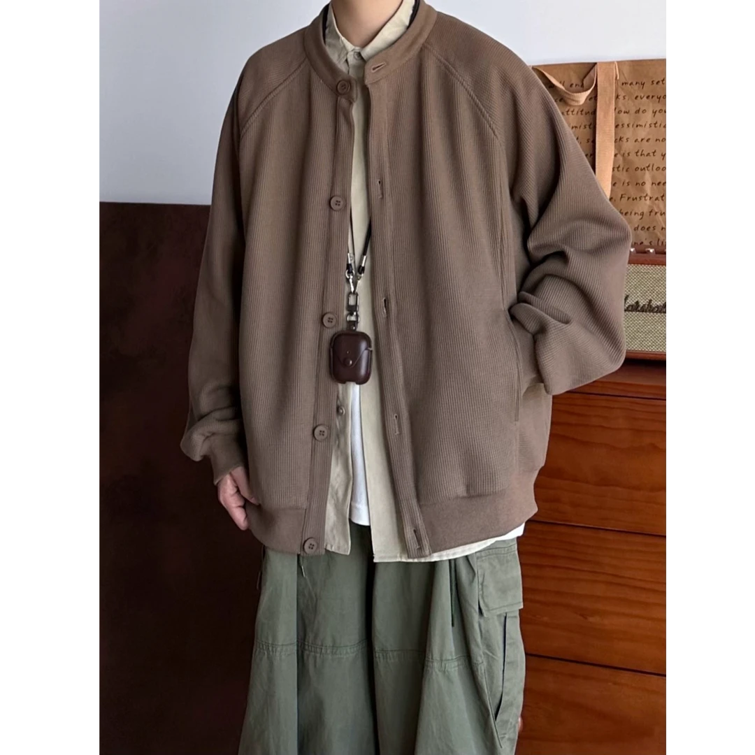 男装复古纯色华夫格无领外套宽松松弛感中性风夹克上衣男日系休闲