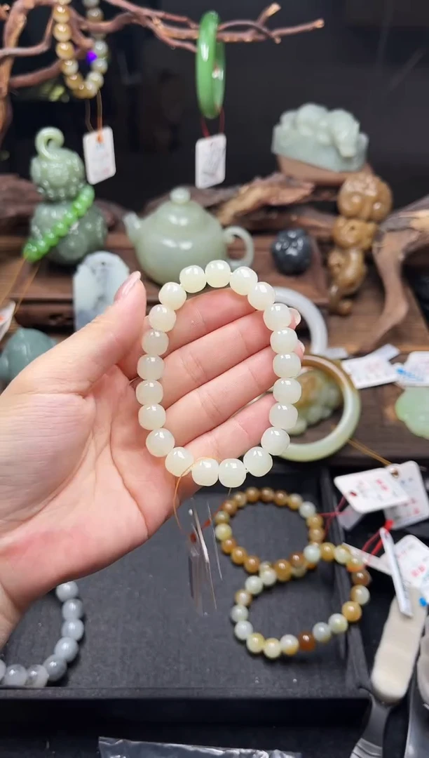 手串未镶嵌和田玉卡10若羌黄口料白玉 老型9011373