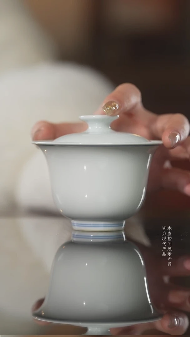 杯子陶瓷白胎双圈线撇口二才盖碗
