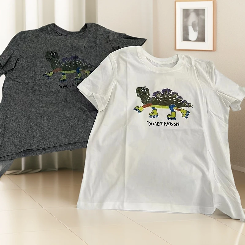 Pada嘻&E1【轮滑恐龙】卡通印花图案短袖 减龄百搭61599 Hi Fortune