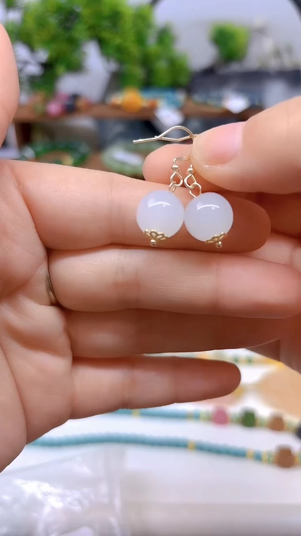 和田玉14K金镶嵌耳饰E04