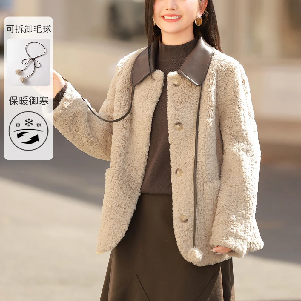 【加厚仿水貂毛麂皮绒】MsShe大码女装可拆毛球拼接外套J~C2410015