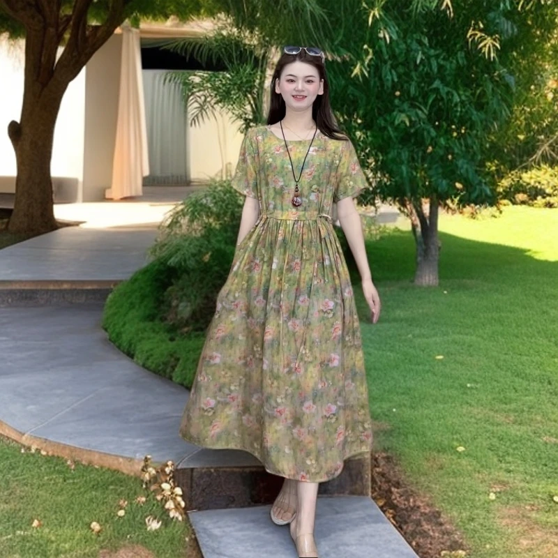 九儿新款夏季上新文艺复古休闲时尚气质圆领抽绳收腰有口袋连衣裙