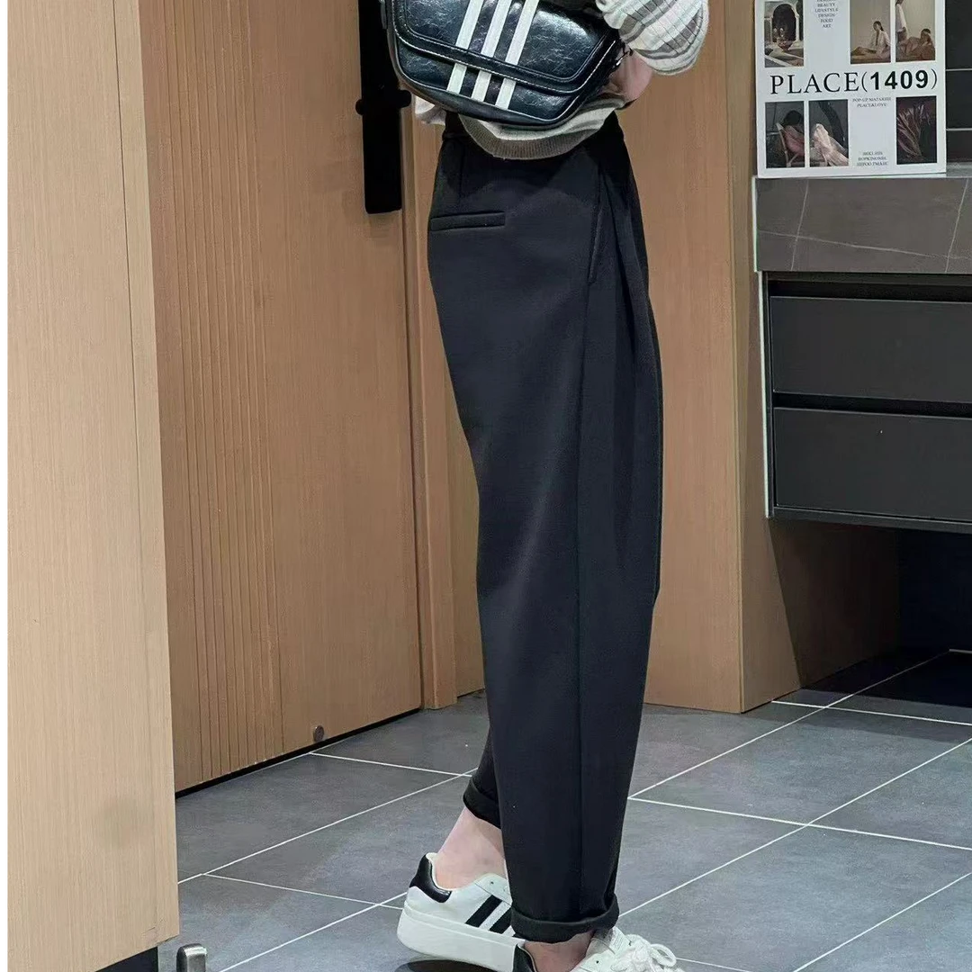 新款时尚休闲百搭简约宽松显瘦毛呢九分哈伦裤H2984