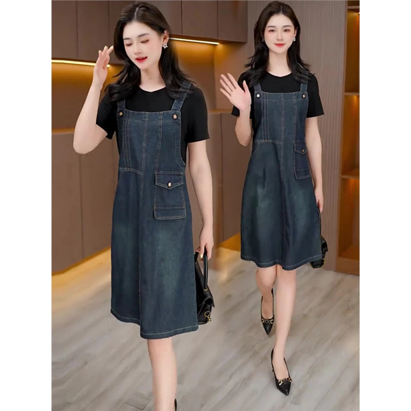 洋气减龄假两件牛仔连衣裙女2025年夏季新款收腰显瘦休闲背带裙子