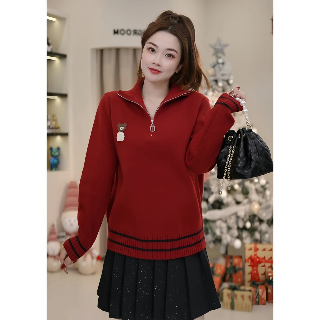 梦丞大码女装慵懒风半高领拉链卡通小熊毛衣宽松减龄长袖针织衫