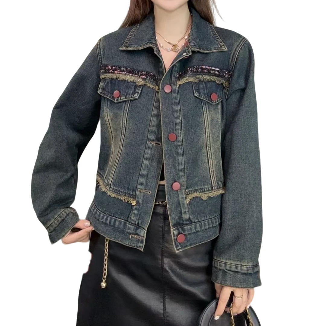 小施家南韩时尚设计工艺亮片加绒牛仔外套929