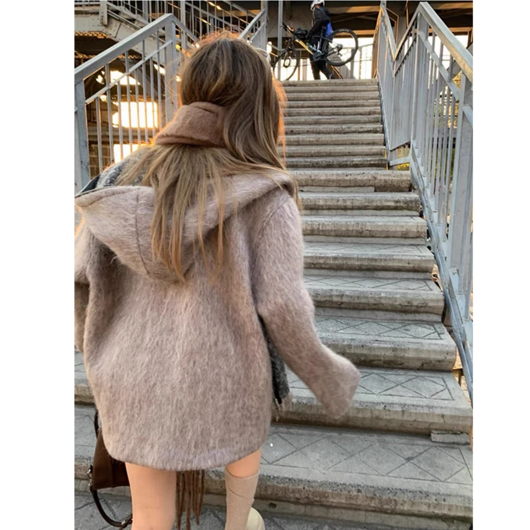 2025年新款春秋冬慵懒风毛绒绒连帽毛衣针织外套高级感穿搭百搭