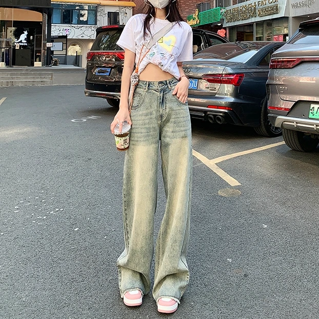 美式复古做旧毛边阔腿高腰牛仔裤女新款宽松显瘦百搭个性垂感长裤
