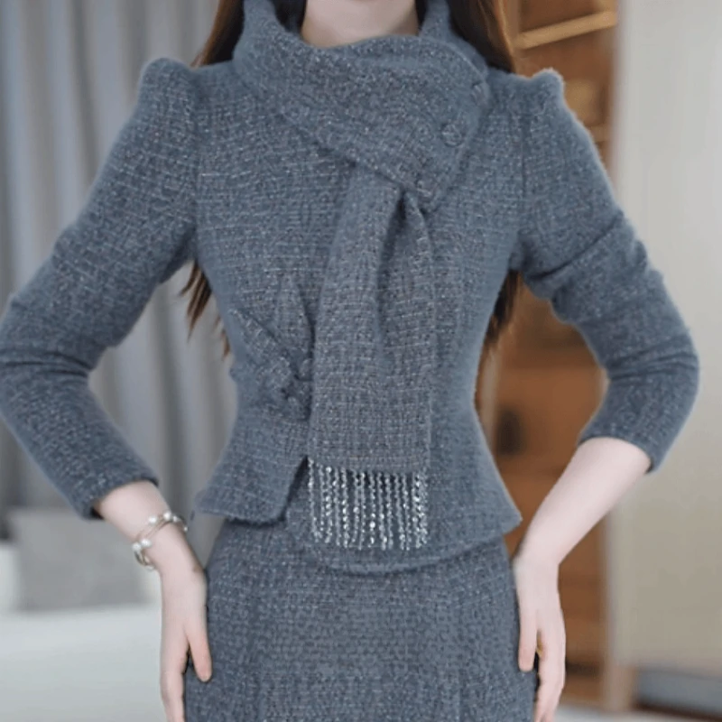 B331【上衣+半身裙】2025秋季新款时尚气质优雅高端搭围巾套装裙