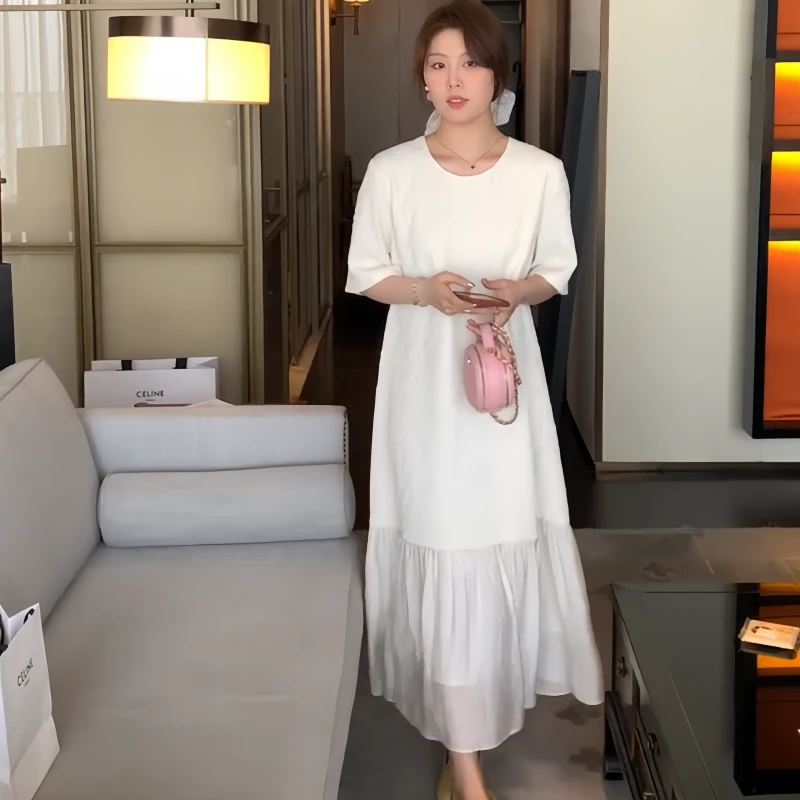 大码2025夏装新款时尚气质拼接肌理感法式胖mm长款直筒鱼尾连衣裙