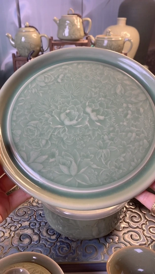 耀州窑微瑕处理百花壶承 一个 底款混发