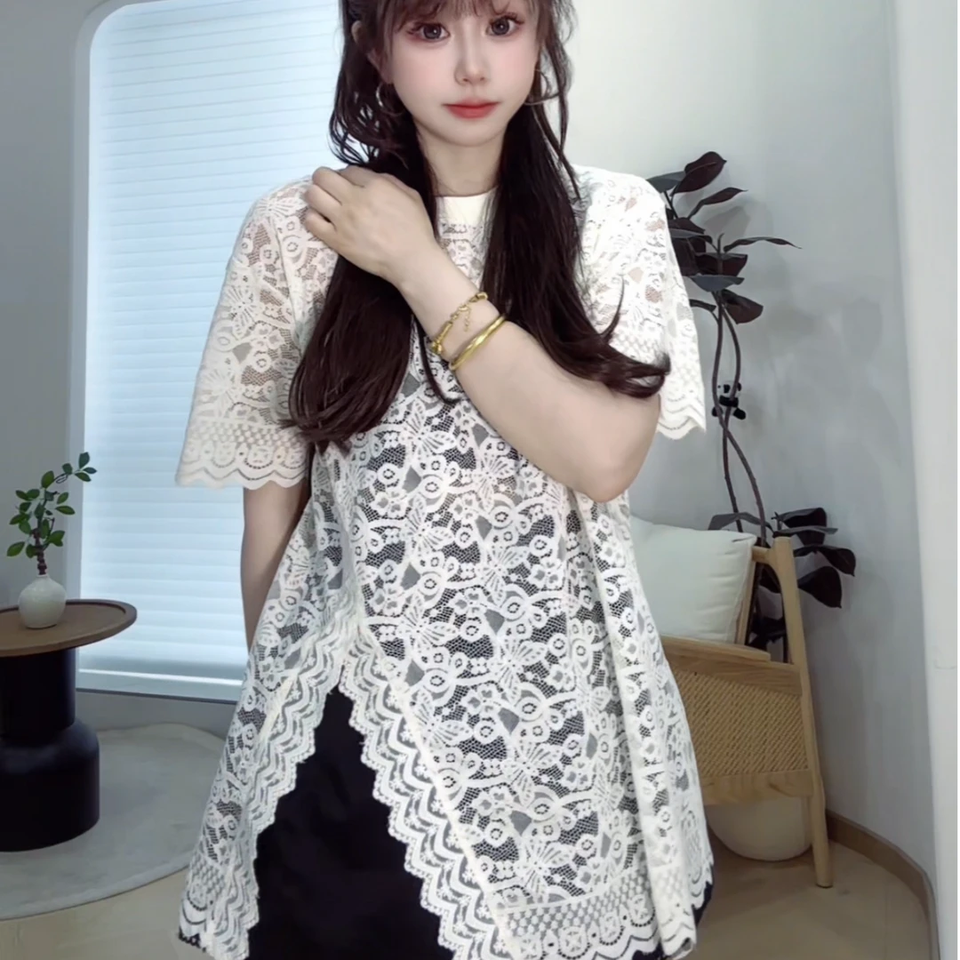 YX五SY202505072新款开衩蕾丝上衣时尚百搭气质