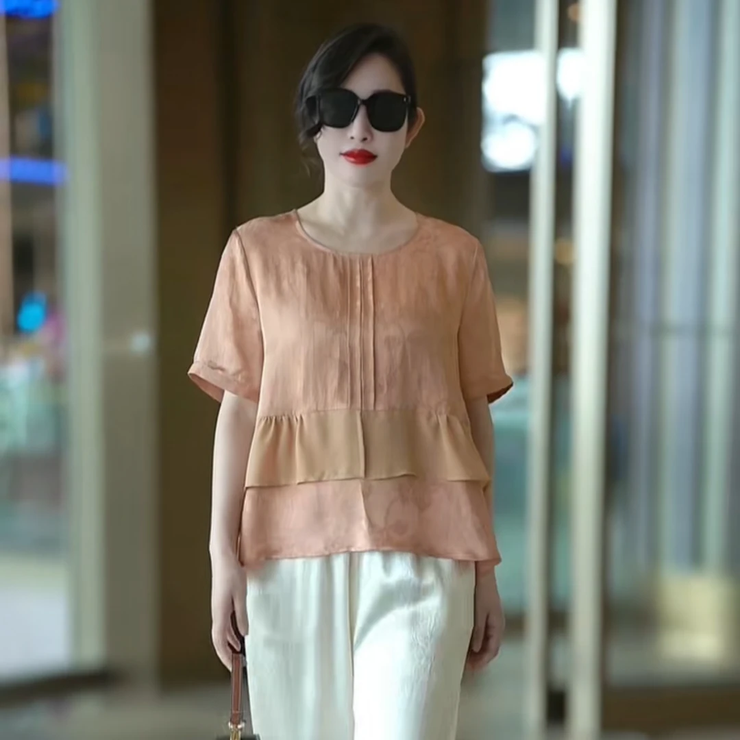 新款轻奢优雅提花桑蚕丝显瘦上衣29692