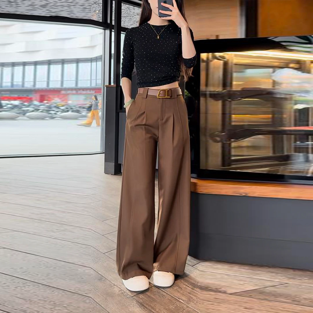 设计感卡其色休闲裤女2025秋季新款高腰宽松百搭垂感直筒阔腿裤子