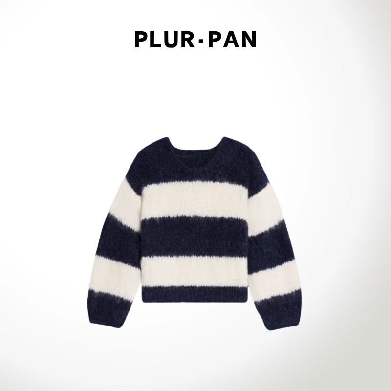 PLUR·PAN马海毛粗条纹拼色圆领套头针织衫 175