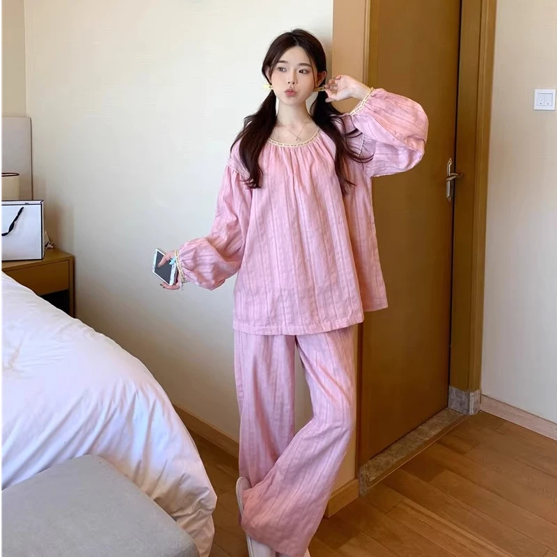 【甜美风】休闲棉纱长袖睡衣女春秋季新款爆款家居服大码长裤套装