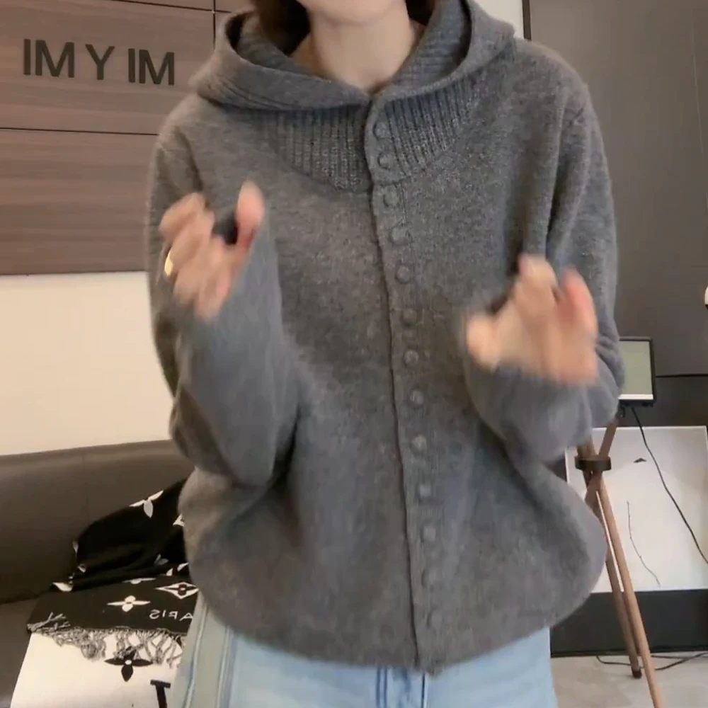 【Jason colors】冬季小众设计师款百搭纯色连帽针织开衫毛衣外套女