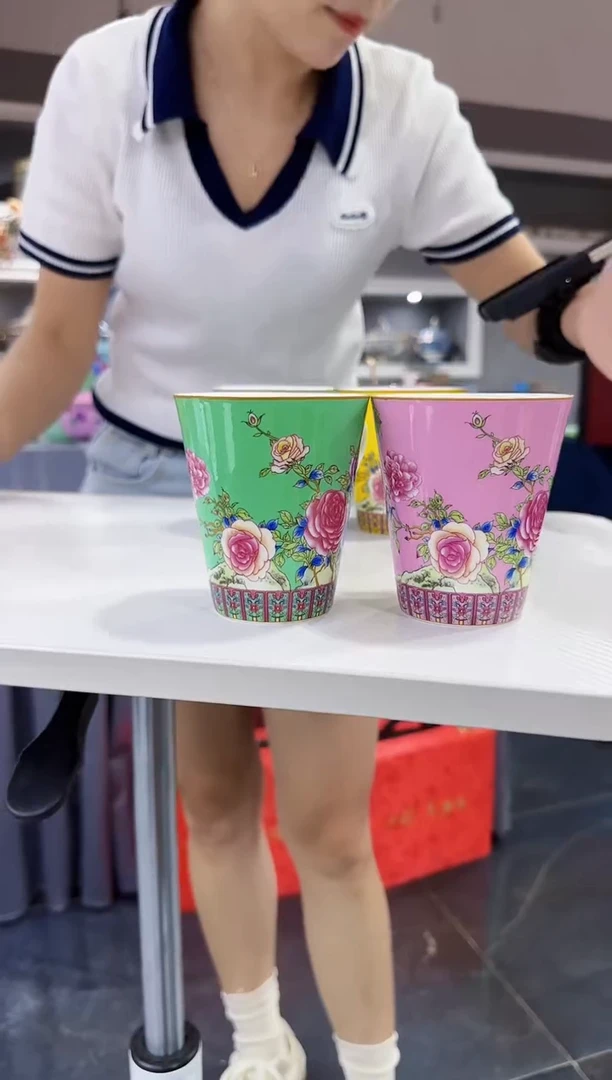 珐琅 牡丹花卉杯子2只装景德镇陶瓷