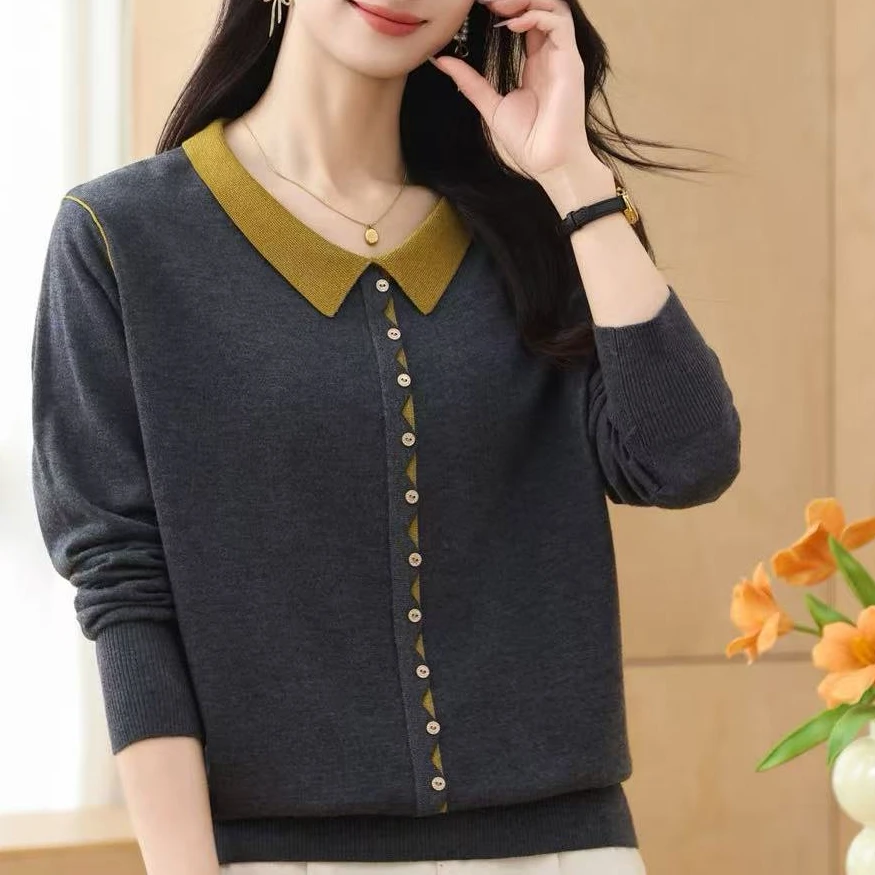 时尚妈妈装春秋薄款针织衫洋气百搭上衣女中老年宽松打底衫上衣女