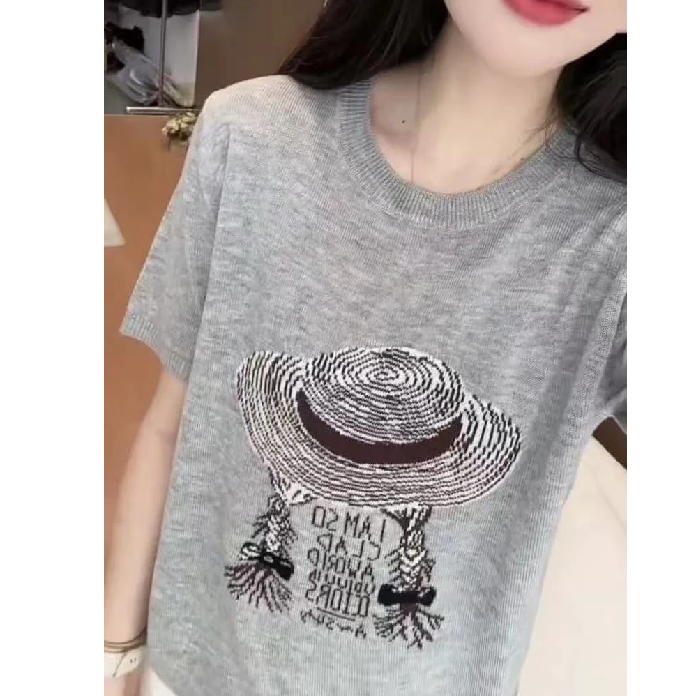 草帽经典春夏黑灰针织衫圆领女装打底衫T恤短袖1153