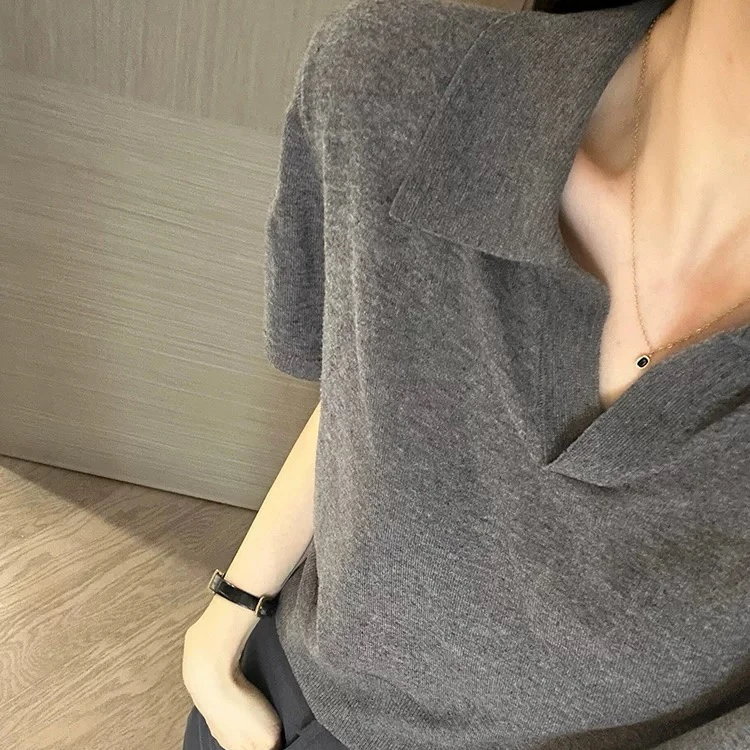 韩版翻领女装薄款羊毛短袖女休闲气质时尚针织T恤宽松显瘦上衣