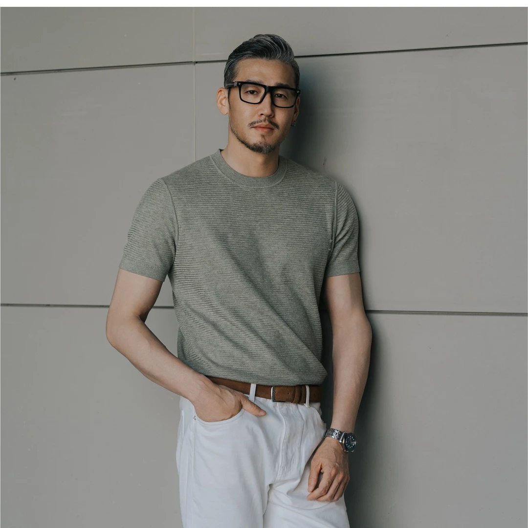 特叔夏季男士圆领针织T恤凉感冰丝纯色老钱风修身短袖百搭穿搭