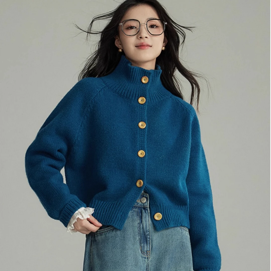 氛围感多巴胺宽松针织开衫女秋冬季新款慵懒风软糯半高领毛衣外套