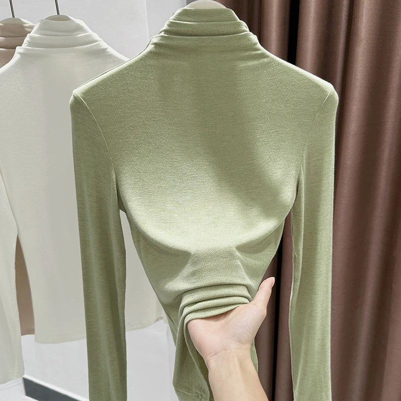 洋气堆堆高领长袖套头打底衫上衣秋冬季新款豆绿色正肩女士T恤