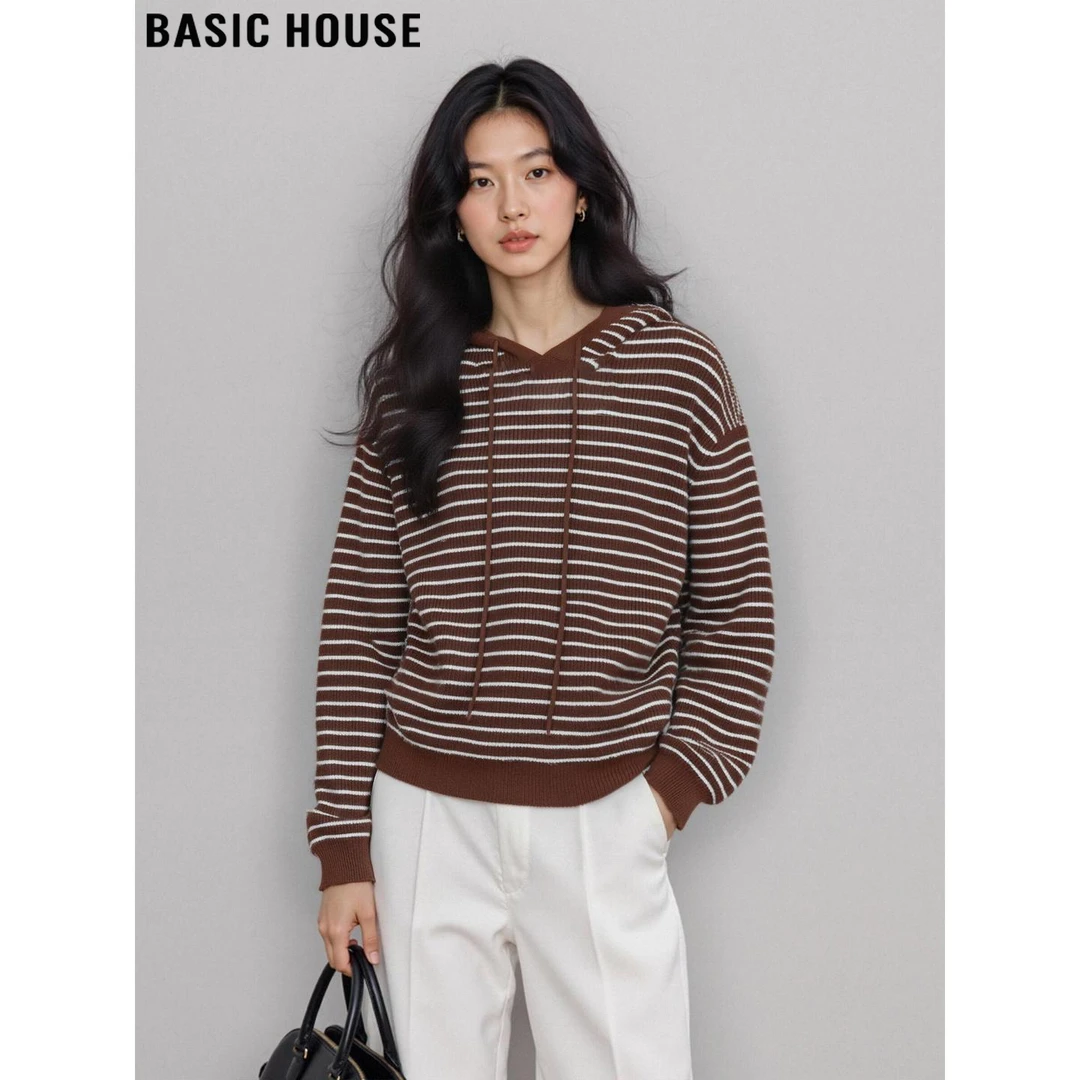 Basic House/百家好慵懒风条纹连帽长袖针织衫宽松毛衣女2025秋冬