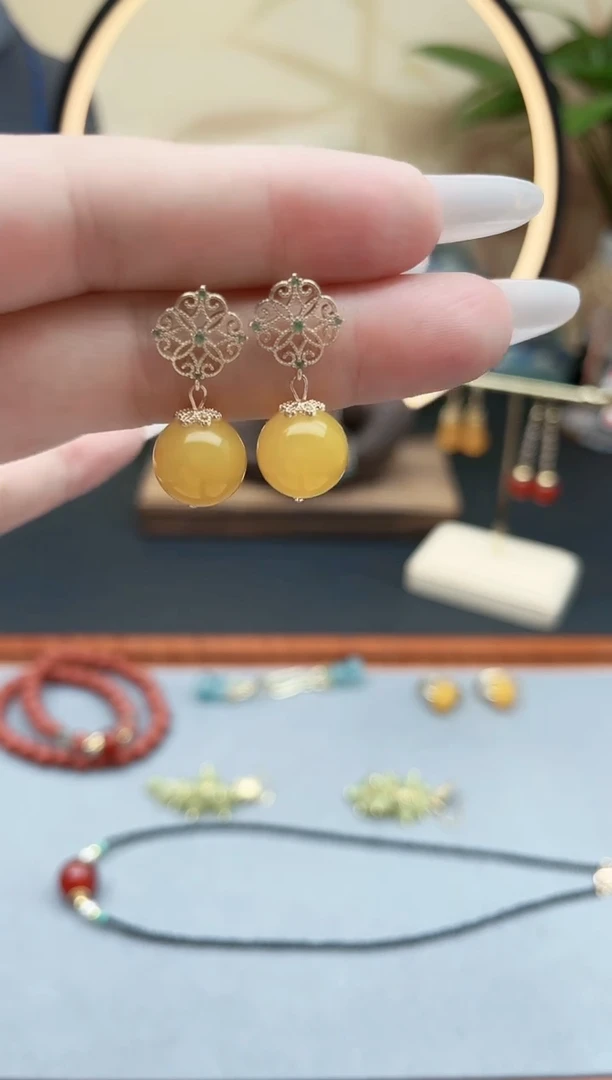 玛瑙/玉髓耳饰银S925镶嵌00黄色耳钉