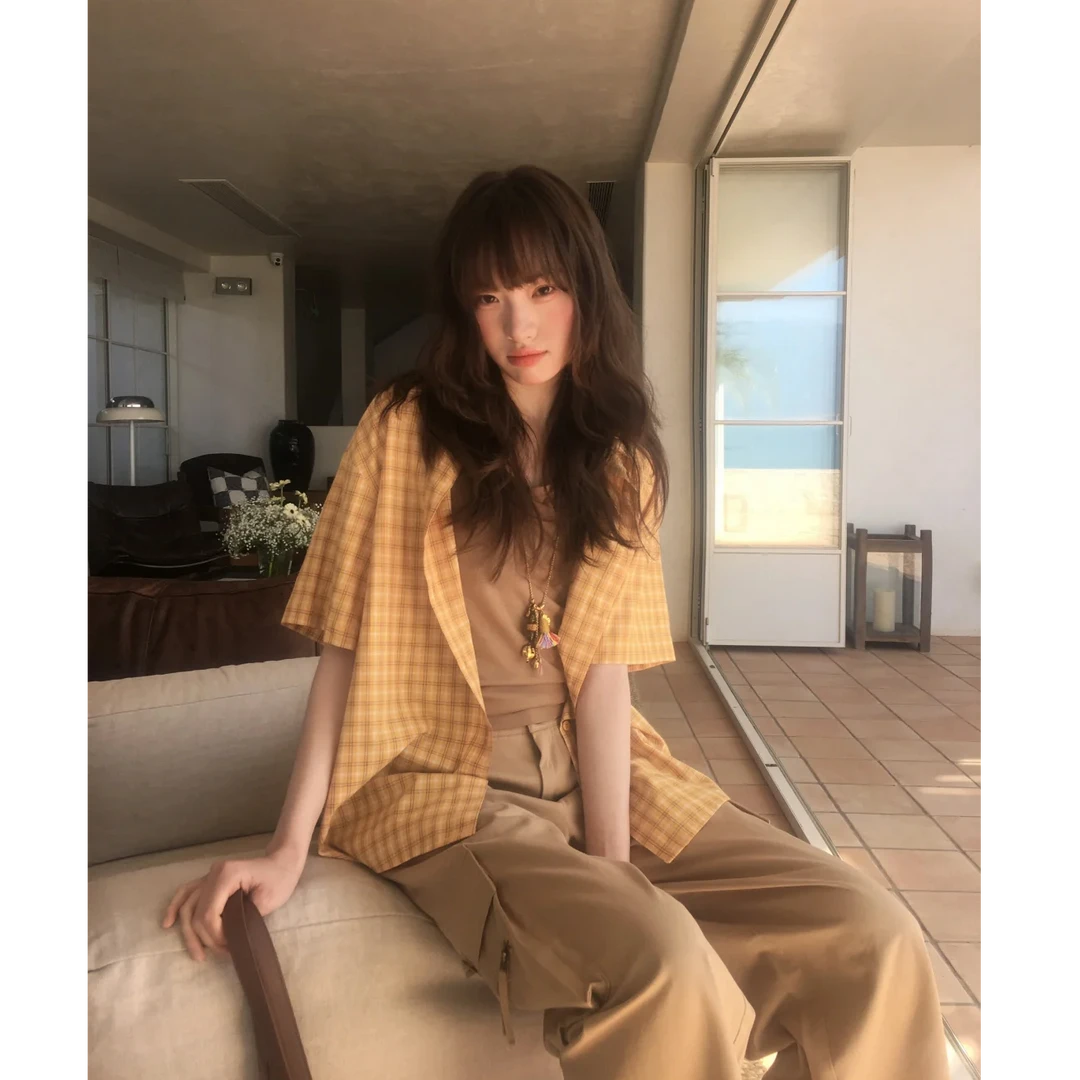 格子翻领防晒薄款短袖中长款衬衫上衣高腰韩版工装夏季显瘦休闲