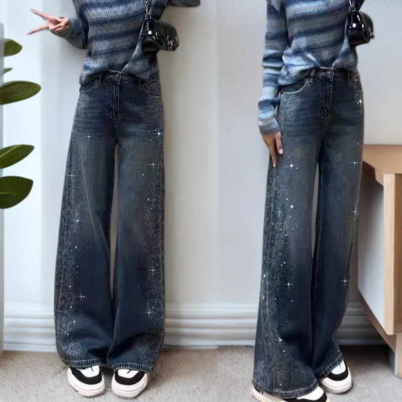 设计感激光烧花烫钻牛仔裤女秋季新款高腰弹力宽松显瘦窄版直筒裤