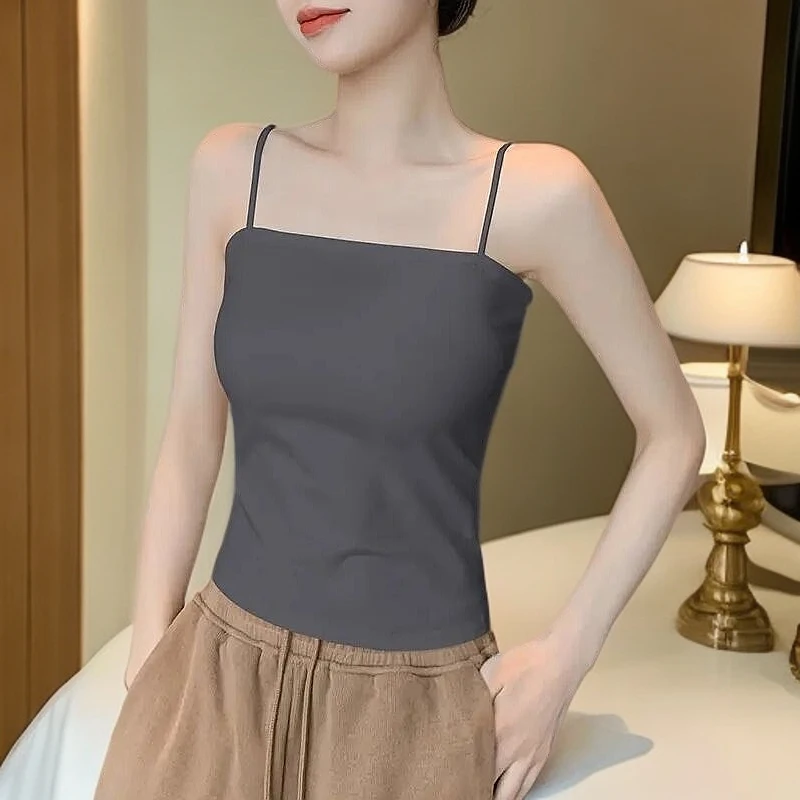 拉夏贝尔烟灰色小吊背心女内搭春夏2025新款美背打底外穿一字领