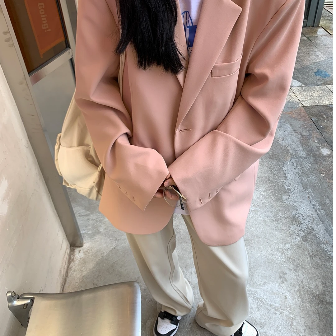 D YANGJUN 粉色西装外套女新款秋季韩版宽松显瘦薄款垫肩纯色西服