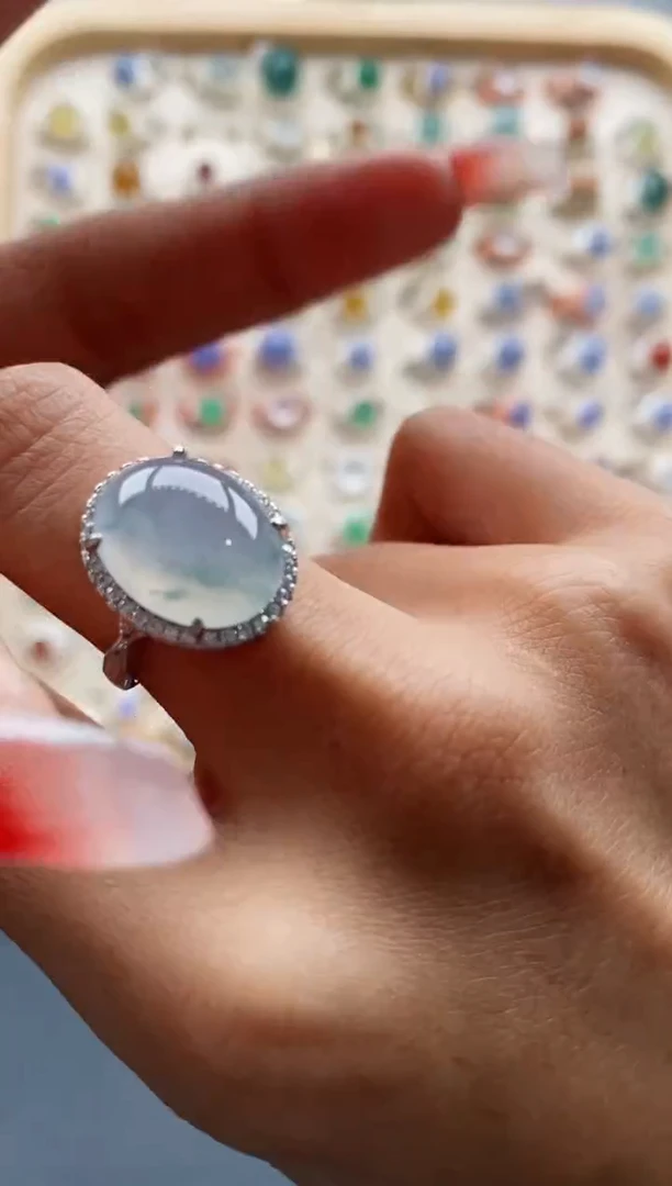 【闪购商品】翡翠戒指银S925镶嵌缅甸天然A货翡翠111 8-7