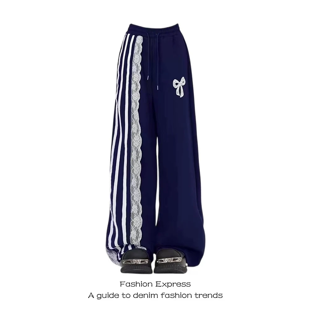 蕾丝拼接黑色休闲裤女2025秋季新款设计感高腰宽松芭蕾风花边裤子