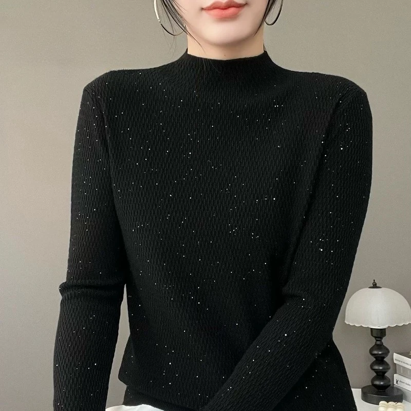 【亮闪闪】秋冬针织衫高领蕾丝纯色打底针织衫上衣百搭5505#