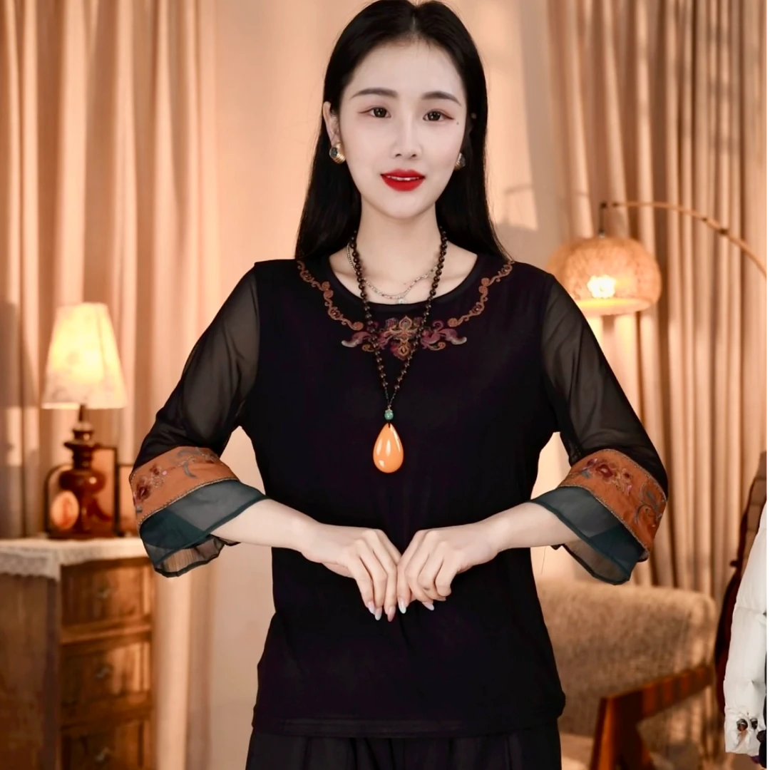 引卷  新中式国风款圆领纱网民族风刺绣七分袖T恤