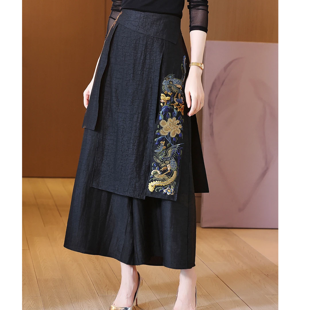 新中式香云纱真丝阔腿裤女重工刺绣不规则宽松优雅显瘦桑蚕丝裙裤