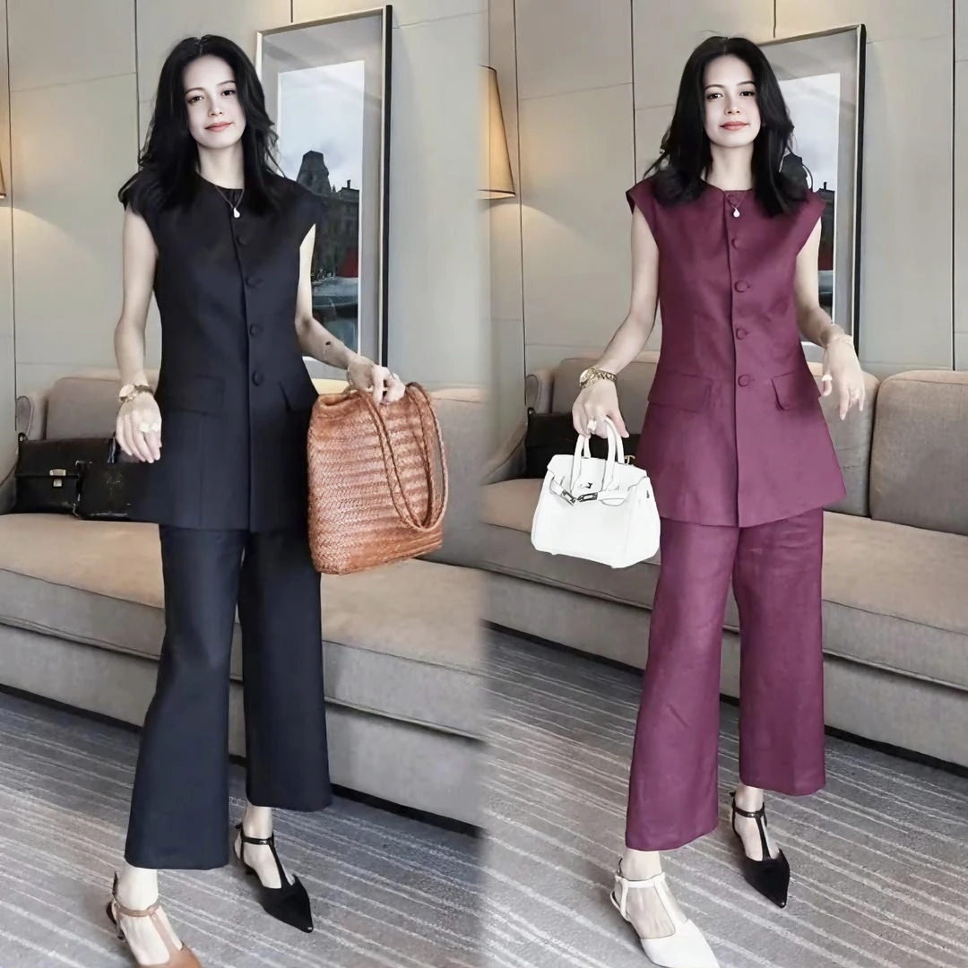 6172025夏季新款高级时尚套装洋气无袖马甲上衣阔腿裤气质两件套