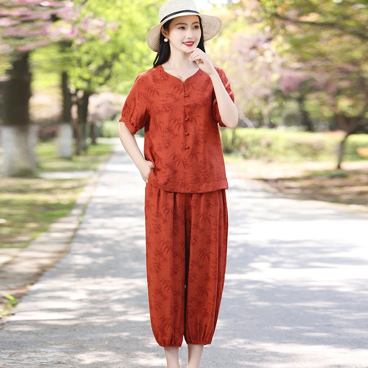 夏装新款时尚盘扣短袖上衣两件套中老年妈妈装大码宽松洋气套装女