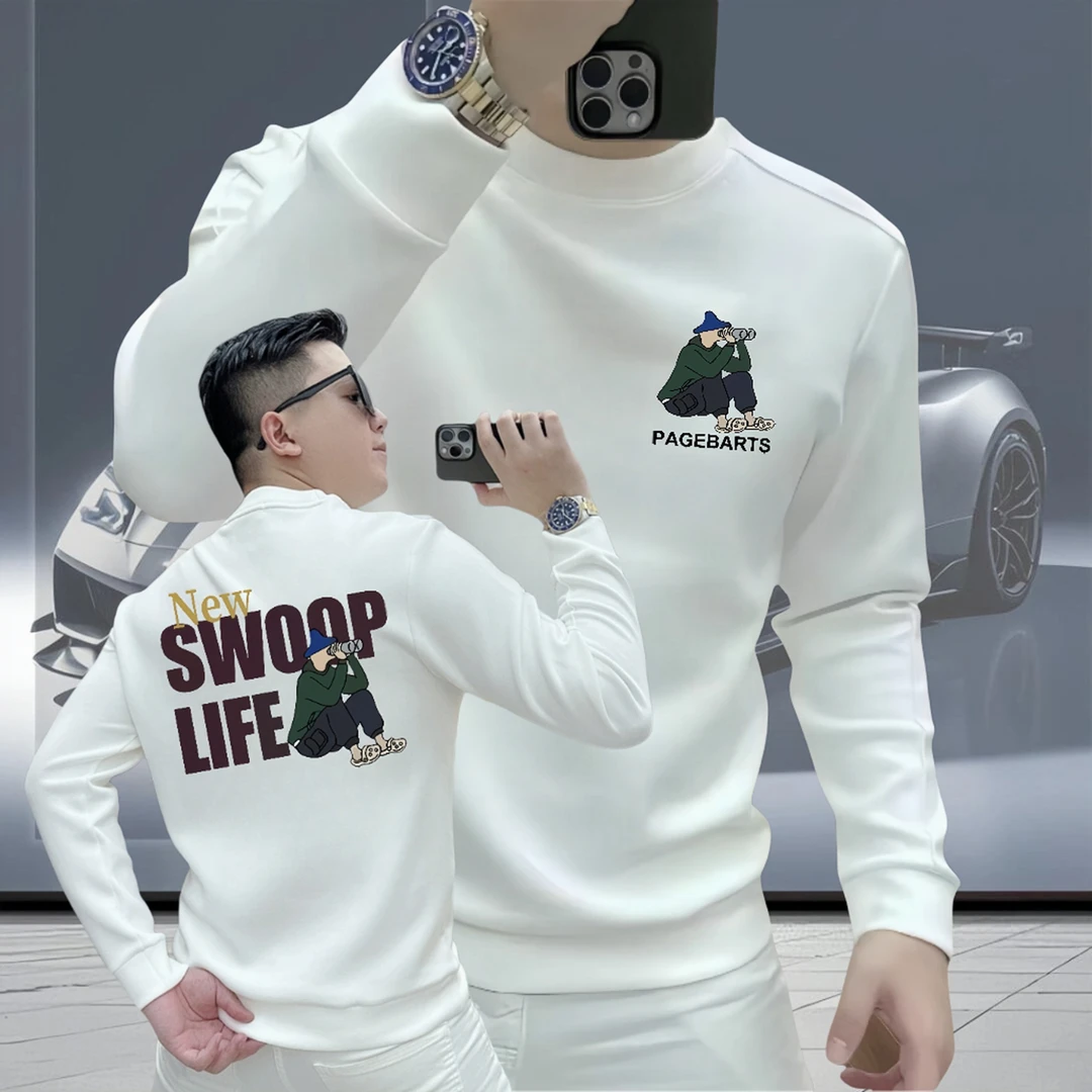 美式重磅时尚卫衣男士潮款百搭长袖秋冬加绒保暖修身圆领休闲上衣