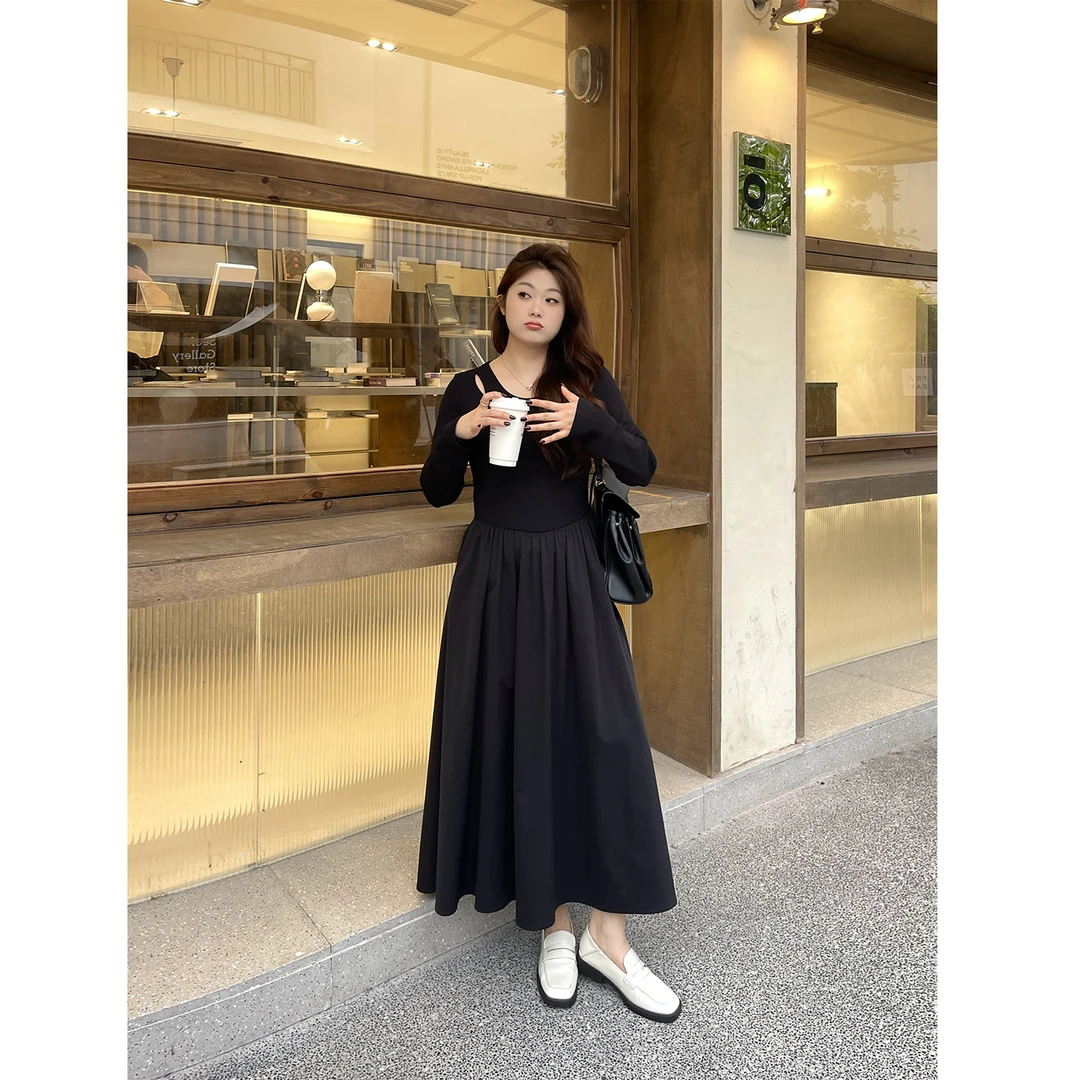 QC裂渡【月光舞曲】微胖大码女秋时尚百搭针梭拼连衣裙ZY509V23