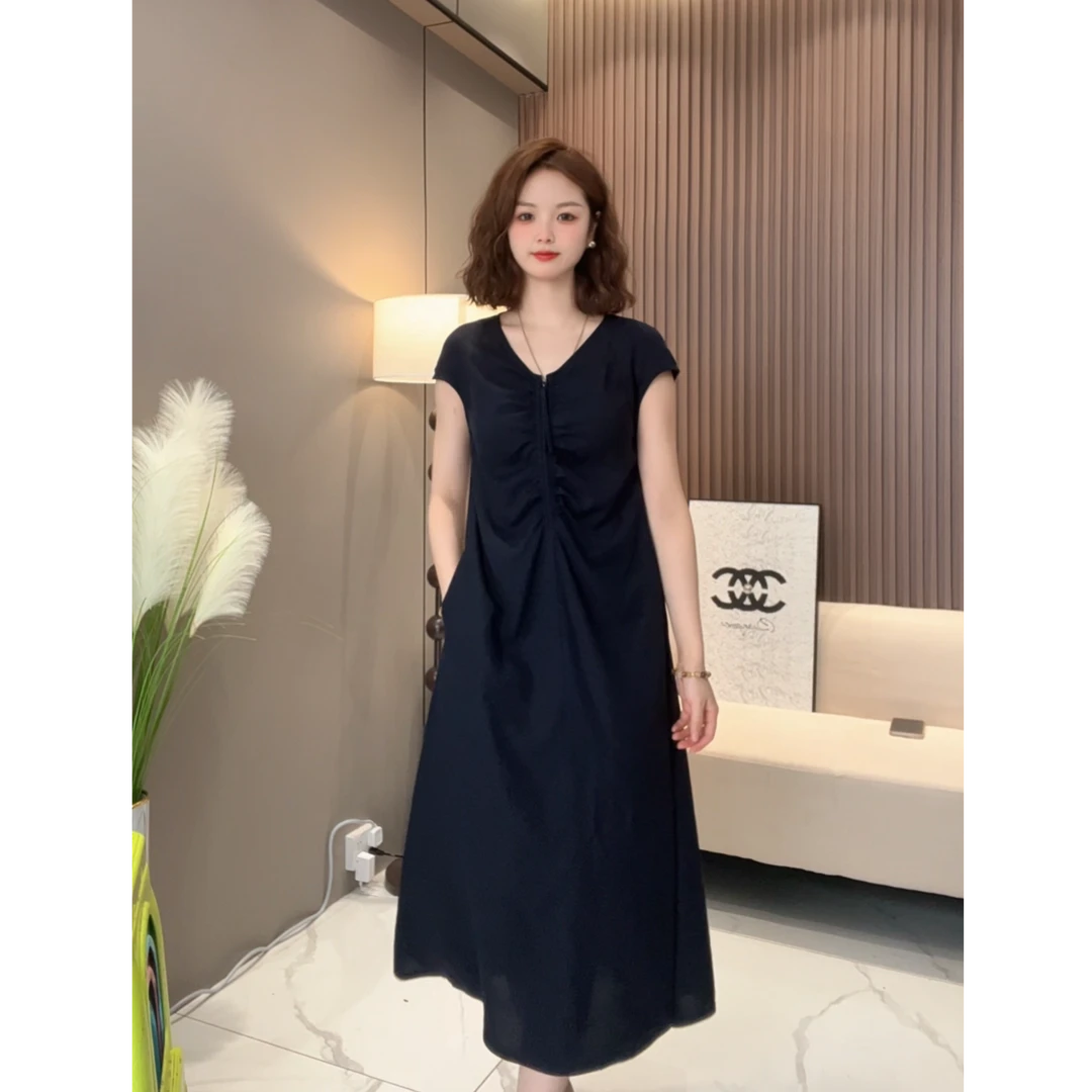 夏季法式简约V领连衣裙收腰设计感夏季轻熟风时尚