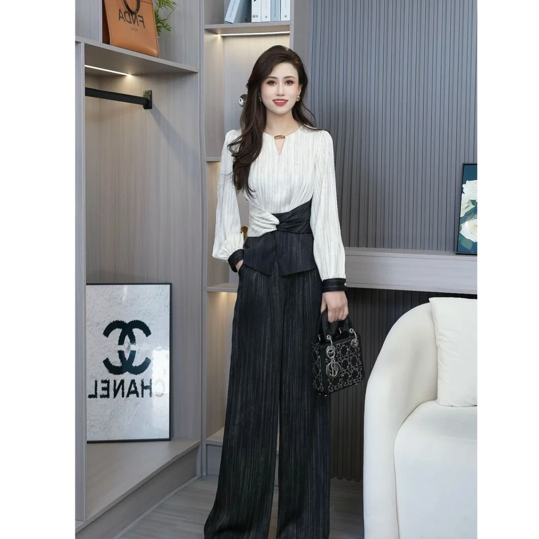 高级感拼接撞色轻奢小众时尚气质初春一整套女装衬衫长裤两件套