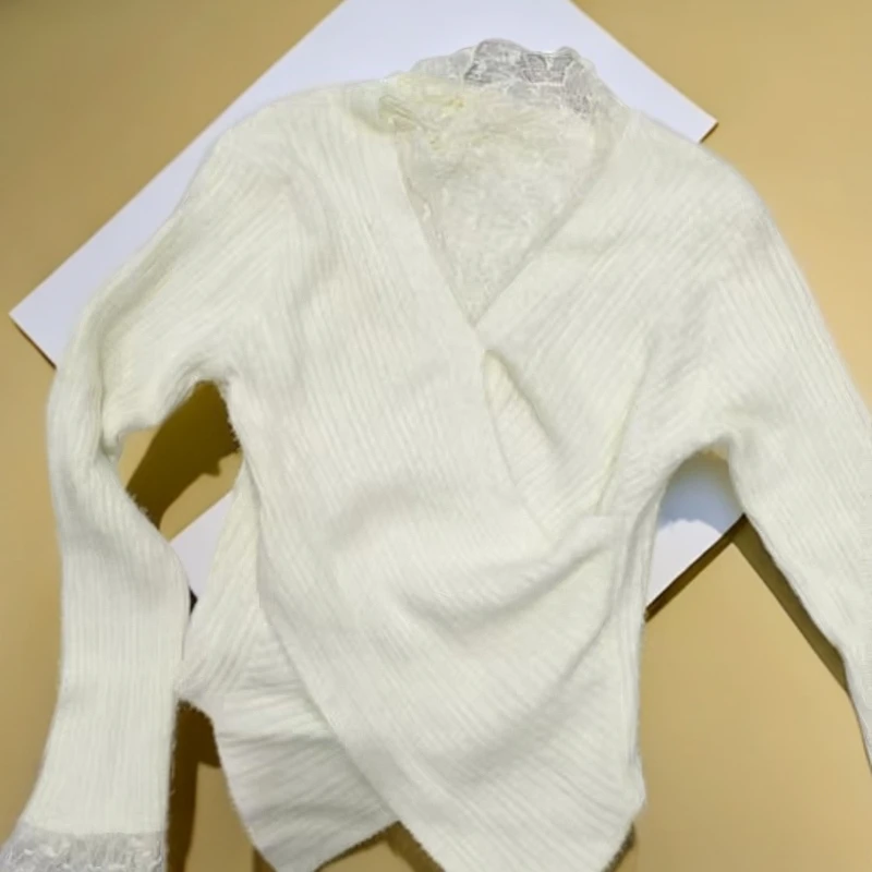 长袖修身V领毛针织衫上衣套头衫高领白色针织衫秋冬6653