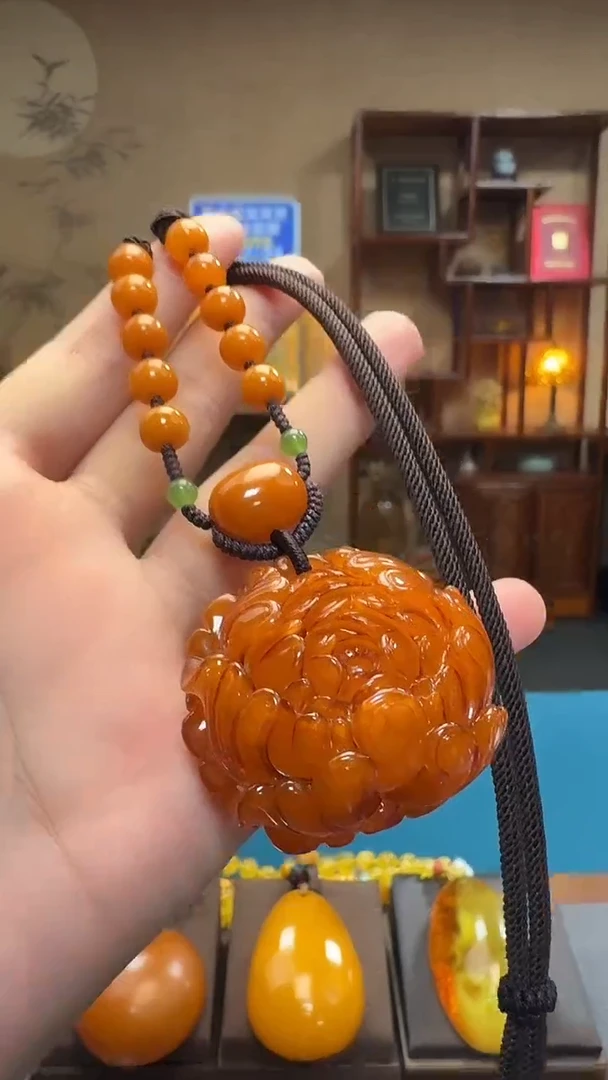 琥珀毛衣链未镶嵌天然保真蜜蜡牡丹花套装（送绳子）